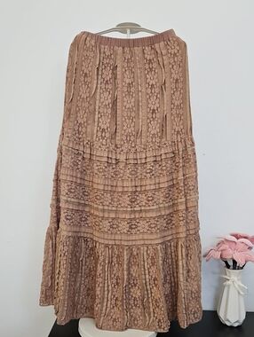 Solitaire Brown Floral Lace Tiered Maxi Skirt